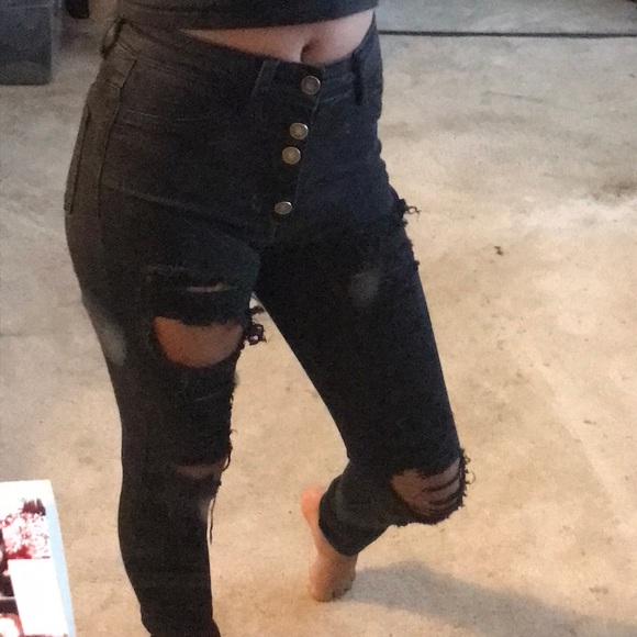 Black buttoned Distressed Pants ; - Picture 3 of 4